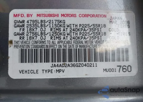 2016 Mitsubishi Outlander Es z USA, uszkodzony, nr VIN JA4AD2A36GZ040211